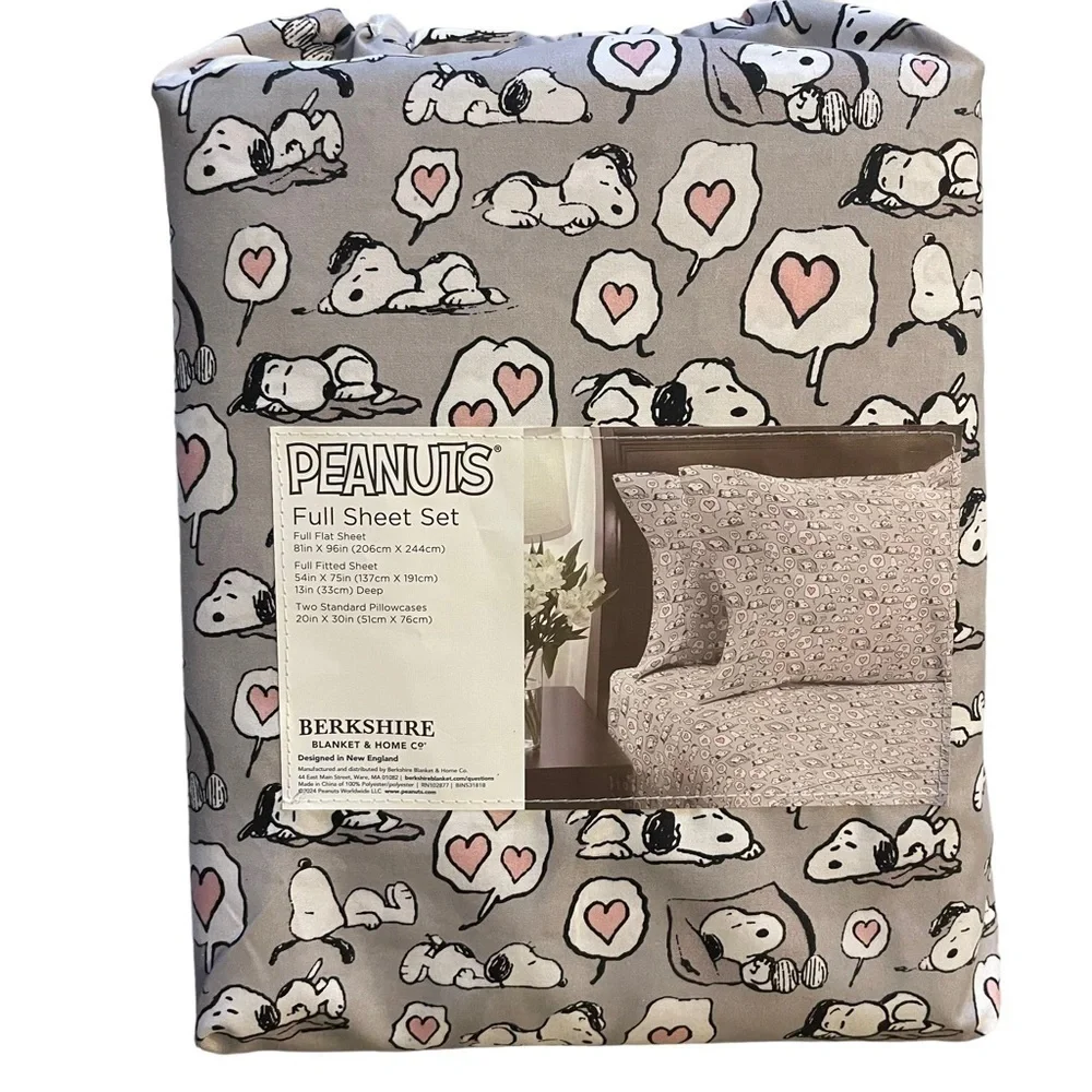 Snoopy Peanuts Full Size Valentine Sheet Set Gray pink Hearts NWT